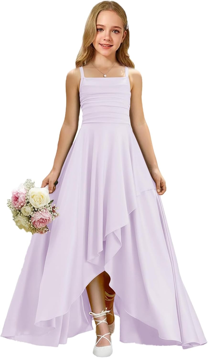 Augday Satin Junior Bridesmaid Dress with Adjustable Straps A-Line Flower Girl Formal Gown UJR150