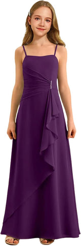 Augday Spaghetti Straps Chiffon Junior Bridesmaid Dress Ruffles A-Line Flower Girl Formal Gown