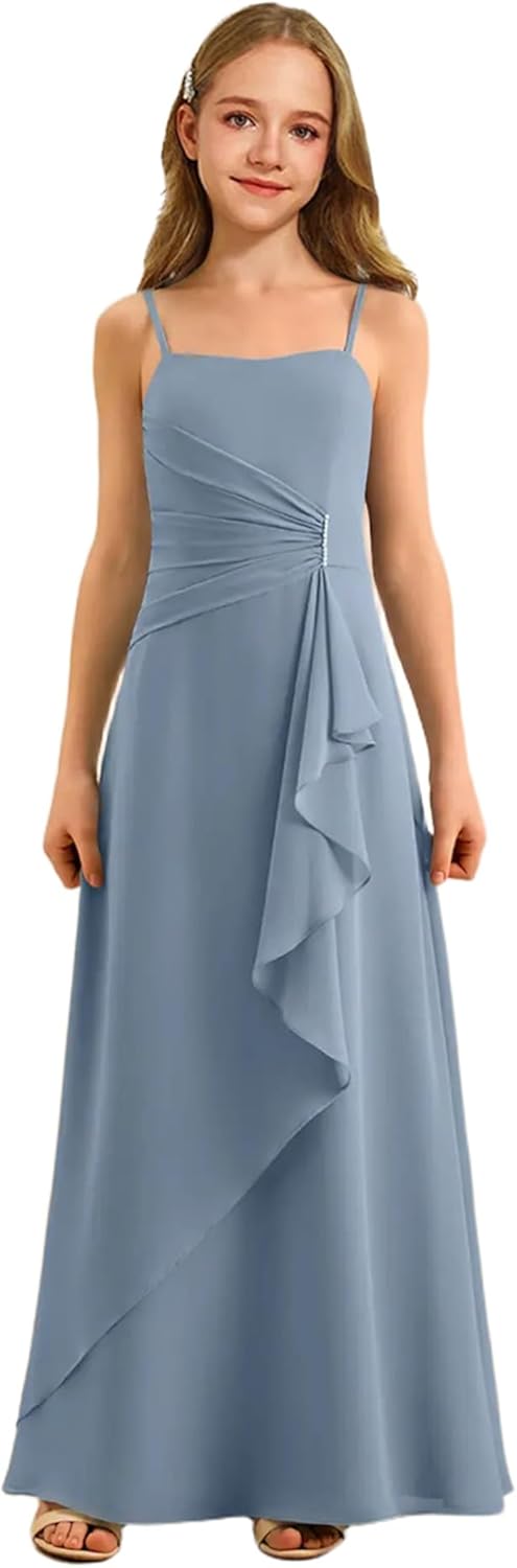 Augday Spaghetti Straps Chiffon Junior Bridesmaid Dress Ruffles A-Line Flower Girl Formal Gown UJR152