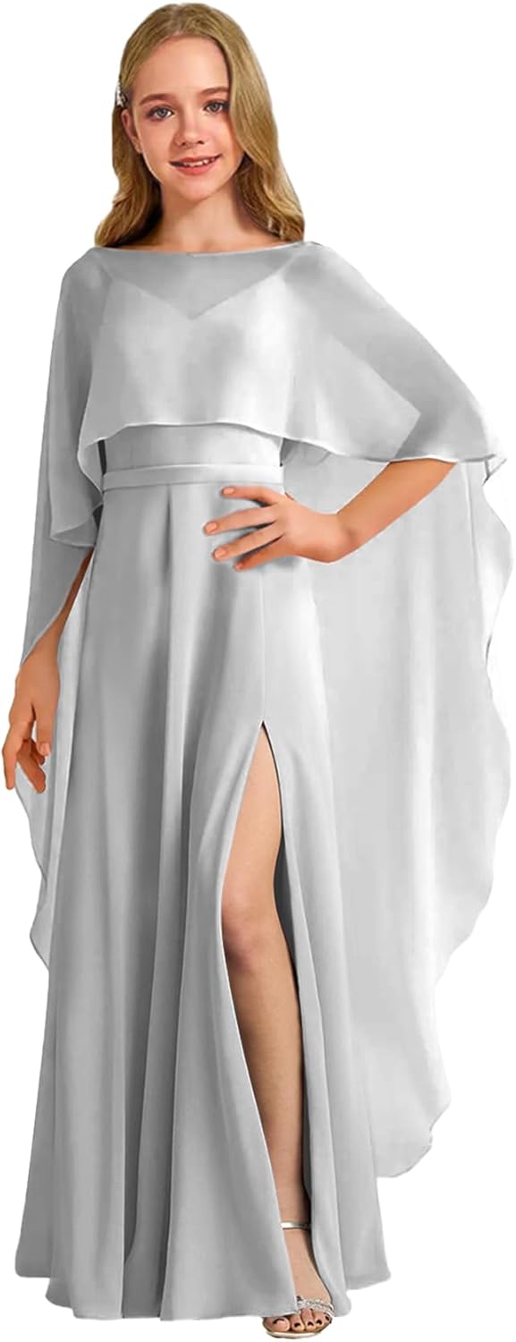 Augday Chiffon Junior Bridesmaid Dress with Cape V-Neck Chiffon A-Line Flower Girl Formal Gown UJR143