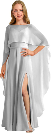 Augday Chiffon Junior Bridesmaid Dress with Cape V-Neck Chiffon A-Line Flower Girl Formal Gown UJR143