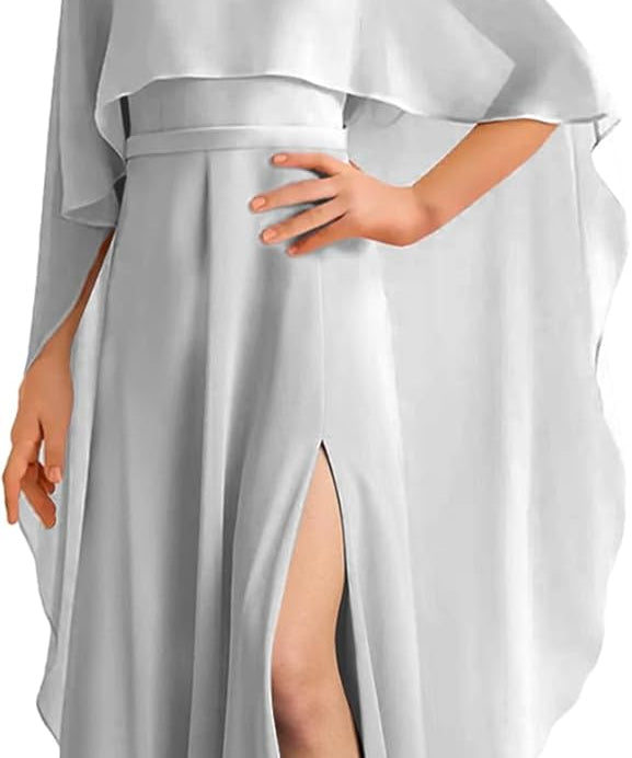 Augday Chiffon Junior Bridesmaid Dress with Cape V-Neck Chiffon A-Line Flower Girl Formal Gown UJR143