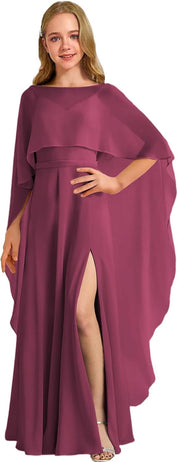 Augday Chiffon Junior Bridesmaid Dress with Cape V-Neck Chiffon A-Line Flower Girl Formal Gown UJR143