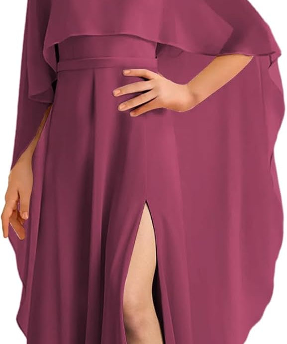 Augday Chiffon Junior Bridesmaid Dress with Cape V-Neck Chiffon A-Line Flower Girl Formal Gown UJR143