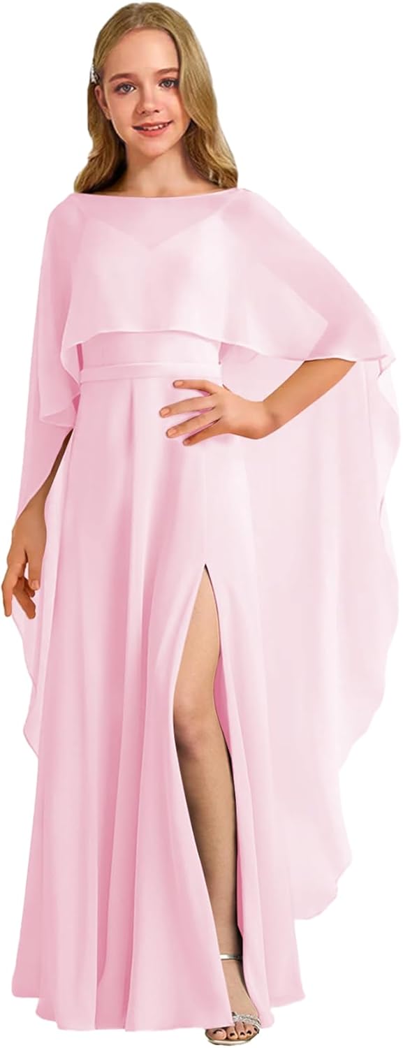 Augday Chiffon Junior Bridesmaid Dress with Cape V-Neck Chiffon A-Line Flower Girl Formal Gown UJR143