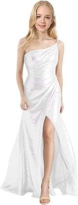 Augday Sequin Girls Prom Dress One Shoulder Junior Bridesmaid Dress with Slit Flower Girl Formal Dresses