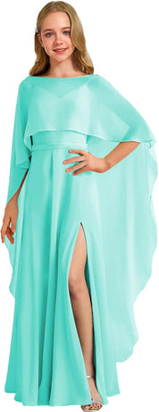 Augday Chiffon Junior Bridesmaid Dress with Cape V-Neck Chiffon A-Line Flower Girl Formal Gown UJR143