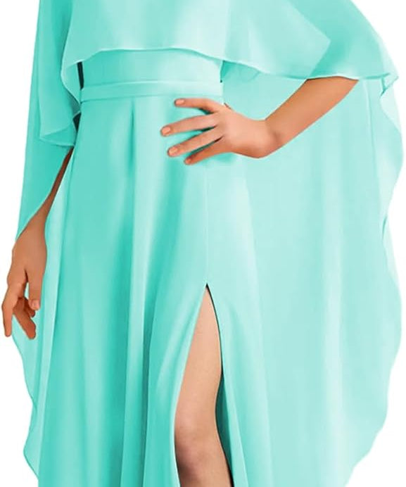 Augday Chiffon Junior Bridesmaid Dress with Cape V-Neck Chiffon A-Line Flower Girl Formal Gown UJR143