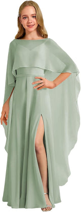 Augday Chiffon Junior Bridesmaid Dress with Cape V-Neck Chiffon A-Line Flower Girl Formal Gown