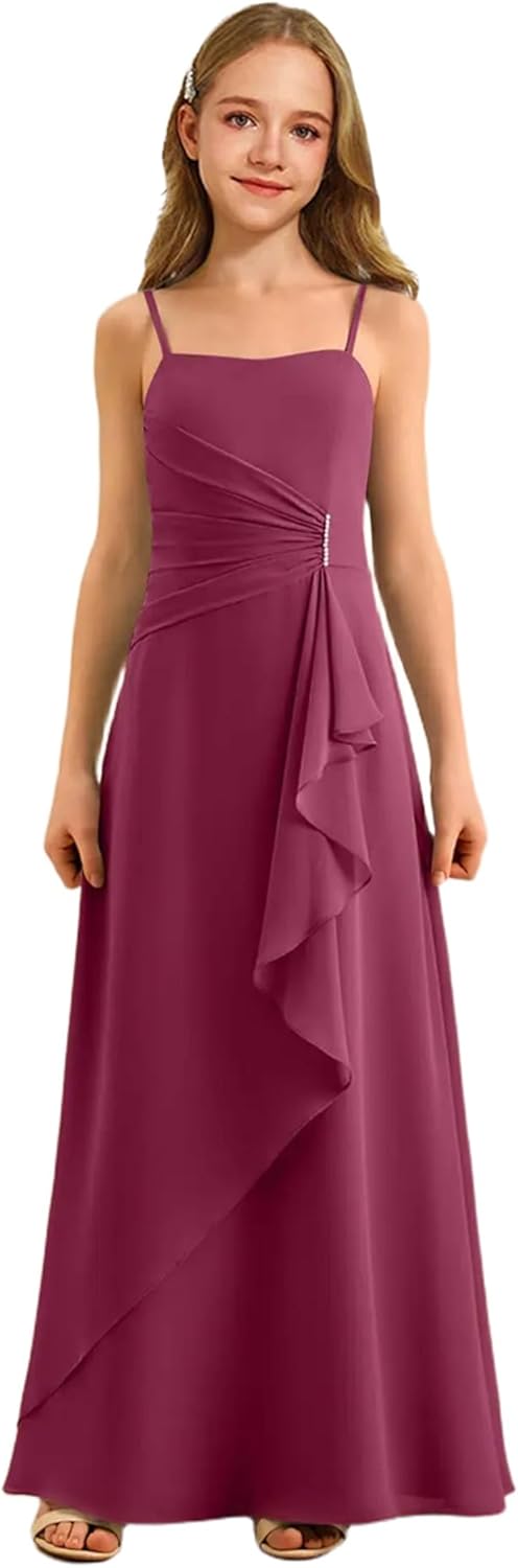 Augday Spaghetti Straps Chiffon Junior Bridesmaid Dress Ruffles A-Line Flower Girl Formal Gown UJR152