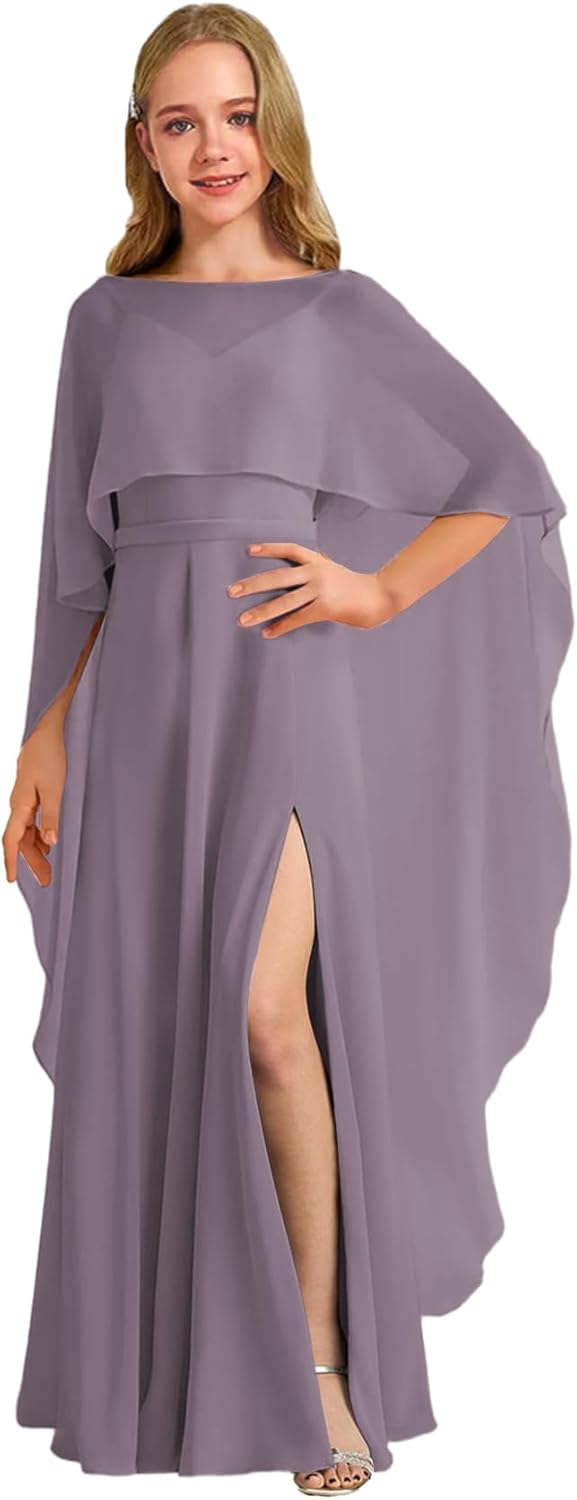 Augday Chiffon Junior Bridesmaid Dress with Cape V-Neck Chiffon A-Line Flower Girl Formal Gown UJR143