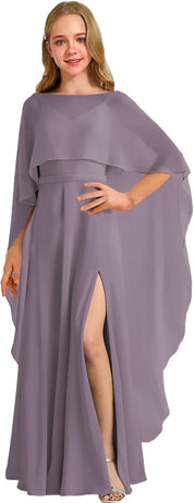Augday Chiffon Junior Bridesmaid Dress with Cape V-Neck Chiffon A-Line Flower Girl Formal Gown UJR143