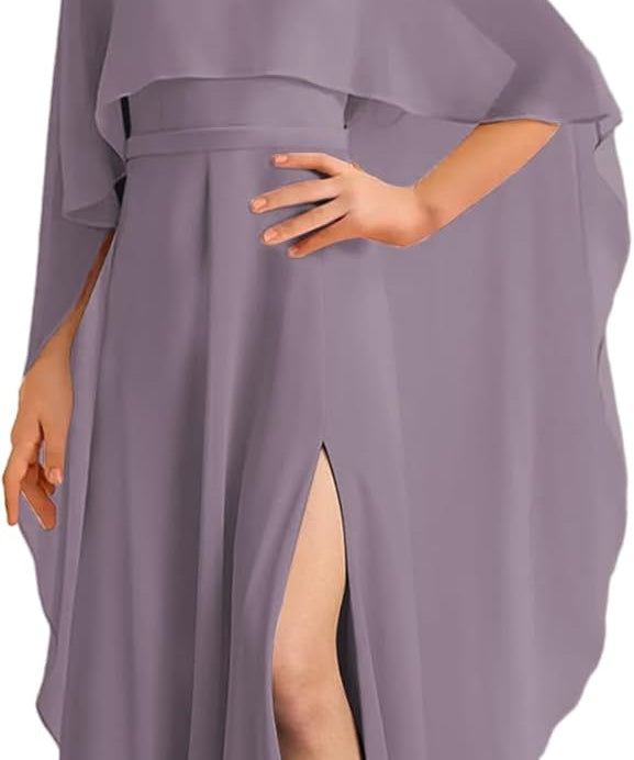 Augday Chiffon Junior Bridesmaid Dress with Cape V-Neck Chiffon A-Line Flower Girl Formal Gown UJR143