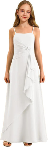 Augday Spaghetti Straps Chiffon Junior Bridesmaid Dress Ruffles A-Line Flower Girl Formal Gown