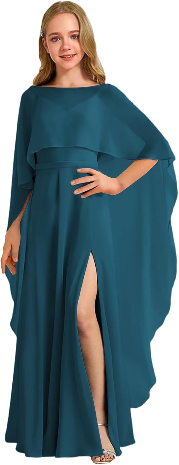 Augday Chiffon Junior Bridesmaid Dress with Cape V-Neck Chiffon A-Line Flower Girl Formal Gown UJR143