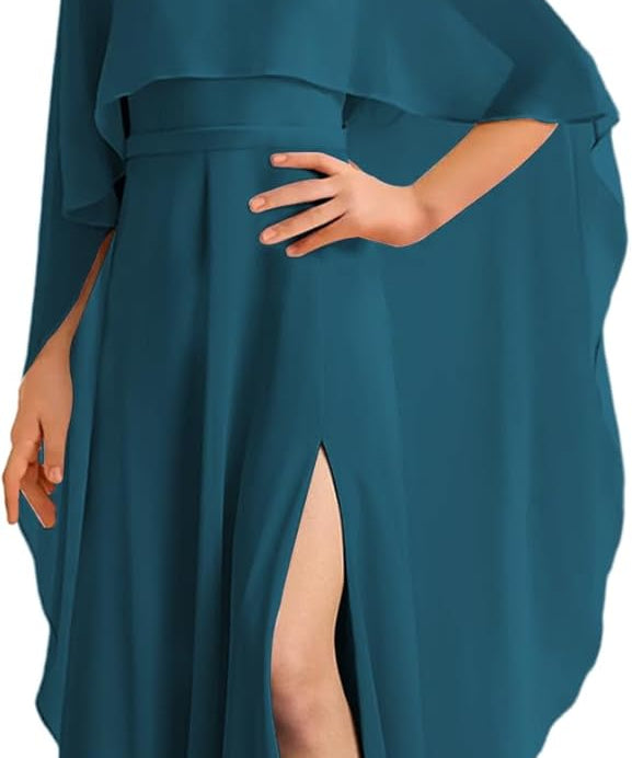 Augday Chiffon Junior Bridesmaid Dress with Cape V-Neck Chiffon A-Line Flower Girl Formal Gown UJR143