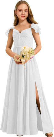 Augday Chiffon Junior Bridesmaid Dress Pleated V-Neck Cap Sleeves A-Line Flower Girl Formal Gown UJR151