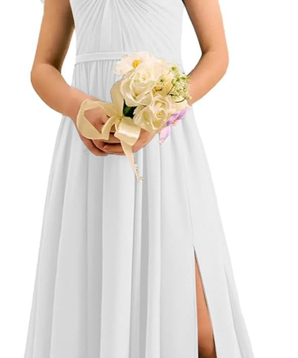 Augday Chiffon Junior Bridesmaid Dress Pleated V-Neck Cap Sleeves A-Line Flower Girl Formal Gown UJR151