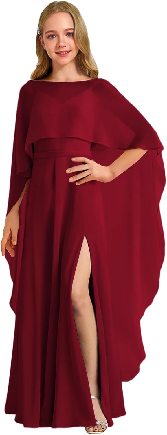 Augday Chiffon Junior Bridesmaid Dress with Cape V-Neck Chiffon A-Line Flower Girl Formal Gown UJR143