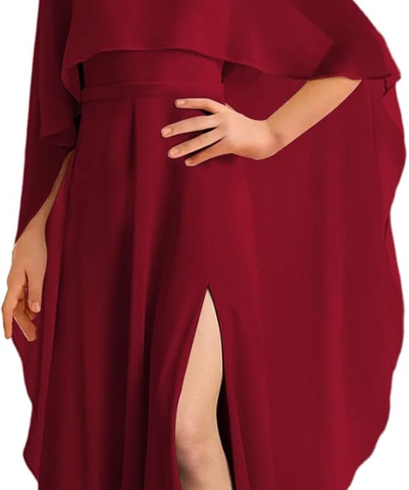 Augday Chiffon Junior Bridesmaid Dress with Cape V-Neck Chiffon A-Line Flower Girl Formal Gown UJR143