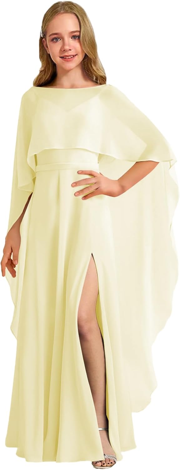 Augday Chiffon Junior Bridesmaid Dress with Cape V-Neck Chiffon A-Line Flower Girl Formal Gown UJR143
