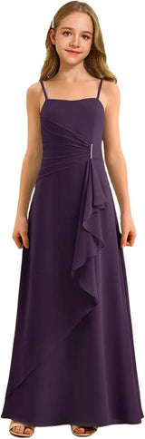 Augday Spaghetti Straps Chiffon Junior Bridesmaid Dress Ruffles A-Line Flower Girl Formal Gown