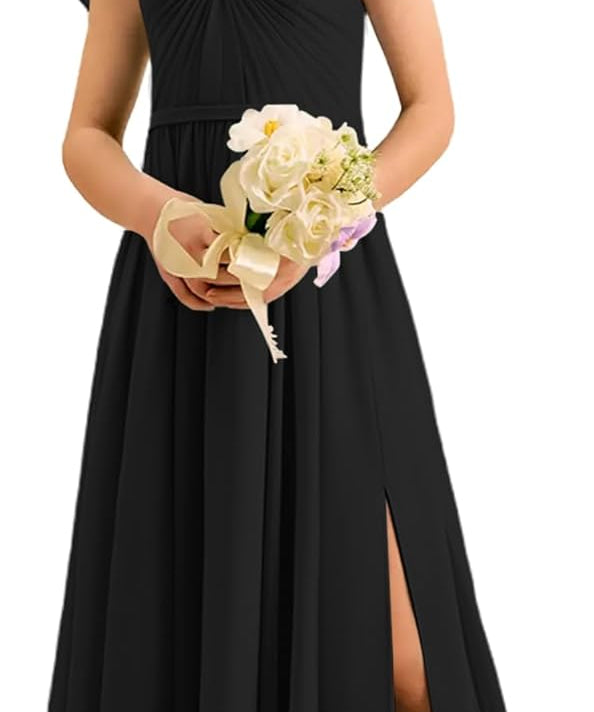 Augday Chiffon Junior Bridesmaid Dress Pleated V-Neck Cap Sleeves A-Line Flower Girl Formal Gown UJR151