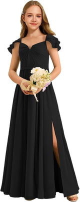 Augday Chiffon Junior Bridesmaid Dress Pleated V-Neck Cap Sleeves A-Line Flower Girl Formal Gown