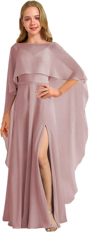 Augday Chiffon Junior Bridesmaid Dress with Cape V-Neck Chiffon A-Line Flower Girl Formal Gown UJR143