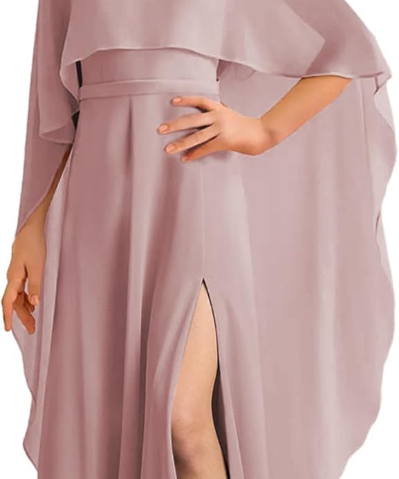 Augday Chiffon Junior Bridesmaid Dress with Cape V-Neck Chiffon A-Line Flower Girl Formal Gown UJR143