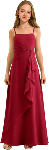 Augday Spaghetti Straps Chiffon Junior Bridesmaid Dress Ruffles A-Line Flower Girl Formal Gown