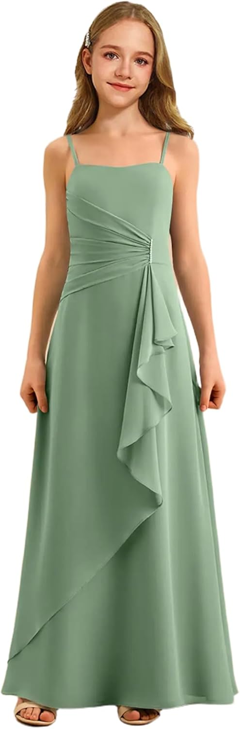 Augday Spaghetti Straps Chiffon Junior Bridesmaid Dress Ruffles A-Line Flower Girl Formal Gown UJR152