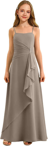 Augday Spaghetti Straps Chiffon Junior Bridesmaid Dress Ruffles A-Line Flower Girl Formal Gown