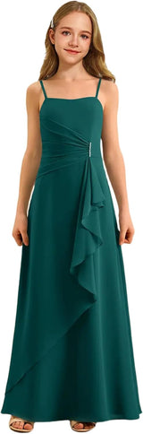Augday Spaghetti Straps Chiffon Junior Bridesmaid Dress Ruffles A-Line Flower Girl Formal Gown