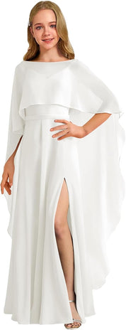 Augday Chiffon Junior Bridesmaid Dress with Cape V-Neck Chiffon A-Line Flower Girl Formal Gown UJR143