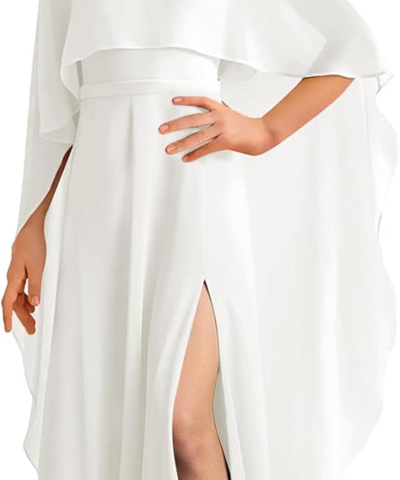 Augday Chiffon Junior Bridesmaid Dress with Cape V-Neck Chiffon A-Line Flower Girl Formal Gown UJR143