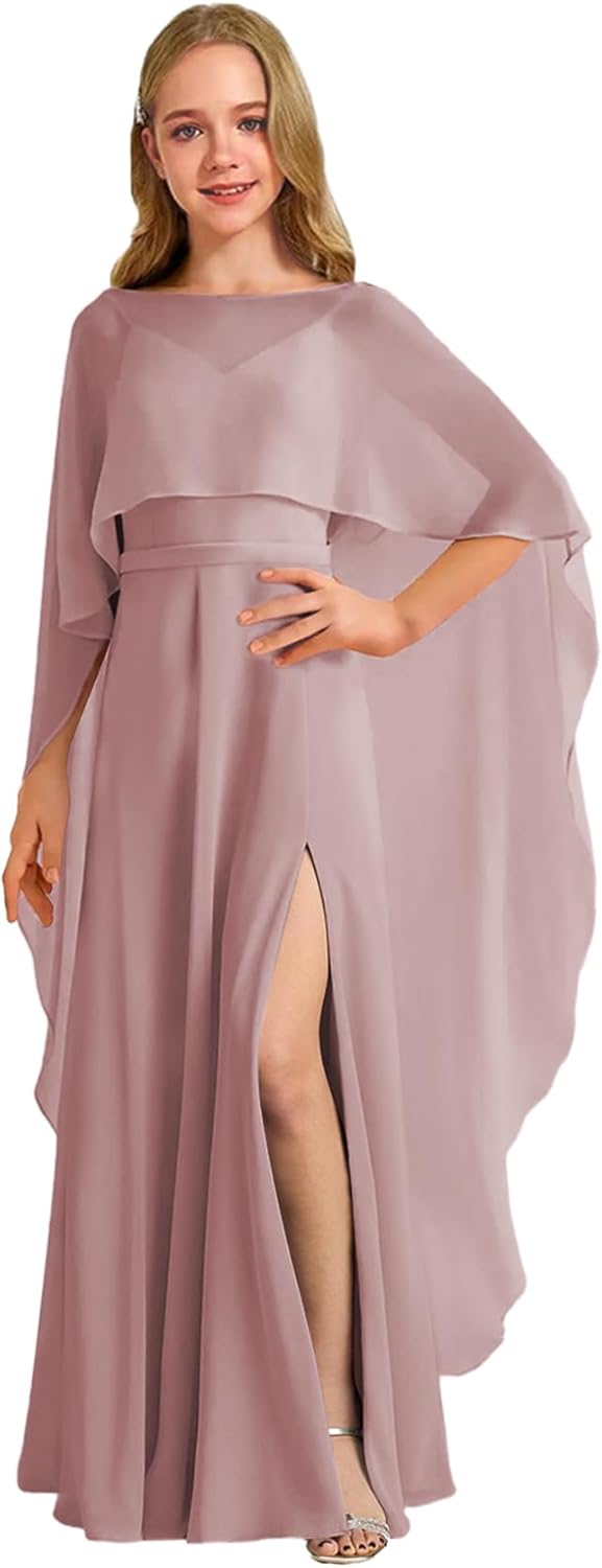 Augday Chiffon Junior Bridesmaid Dress with Cape V-Neck Chiffon A-Line Flower Girl Formal Gown UJR143