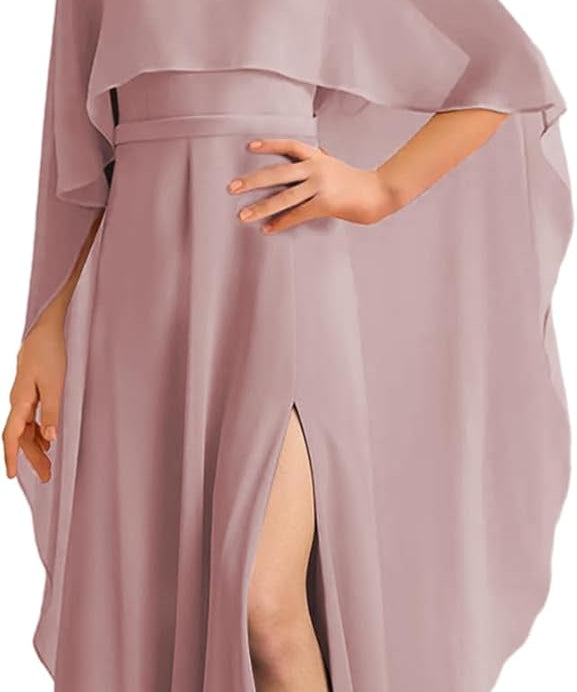 Augday Chiffon Junior Bridesmaid Dress with Cape V-Neck Chiffon A-Line Flower Girl Formal Gown UJR143