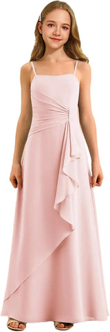 Augday Spaghetti Straps Chiffon Junior Bridesmaid Dress Ruffles A-Line Flower Girl Formal Gown