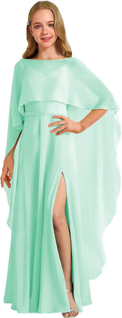 Augday Chiffon Junior Bridesmaid Dress with Cape V-Neck Chiffon A-Line Flower Girl Formal Gown UJR143