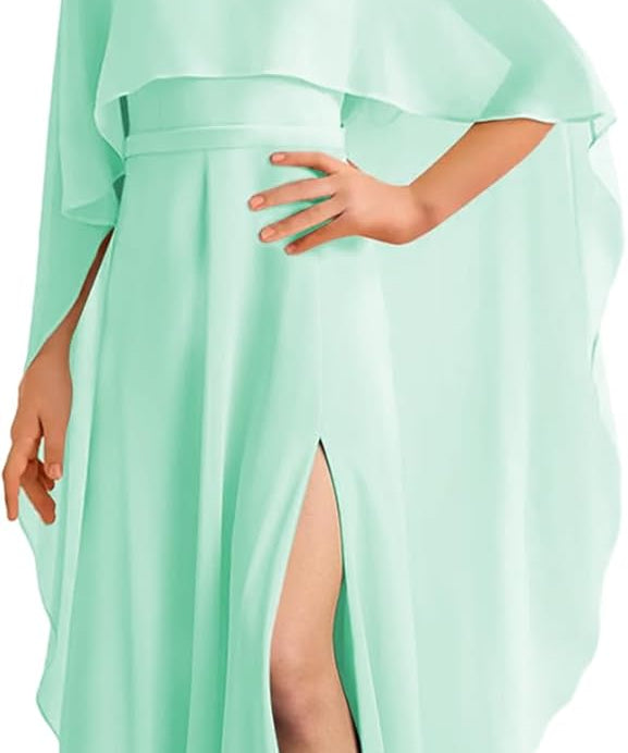 Augday Chiffon Junior Bridesmaid Dress with Cape V-Neck Chiffon A-Line Flower Girl Formal Gown UJR143