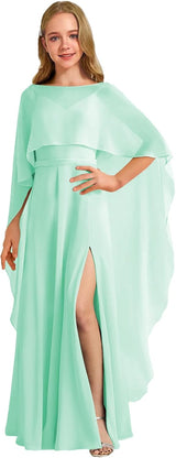 Augday Chiffon Junior Bridesmaid Dress with Cape V-Neck Chiffon A-Line Flower Girl Formal Gown