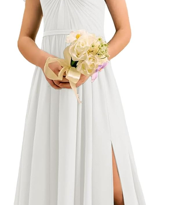 Augday Chiffon Junior Bridesmaid Dress Pleated V-Neck Cap Sleeves A-Line Flower Girl Formal Gown UJR151