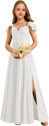 Augday Chiffon Junior Bridesmaid Dress Pleated V-Neck Cap Sleeves A-Line Flower Girl Formal Gown