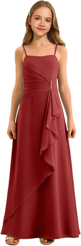 Augday Spaghetti Straps Chiffon Junior Bridesmaid Dress Ruffles A-Line Flower Girl Formal Gown