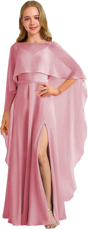 Augday Chiffon Junior Bridesmaid Dress with Cape V-Neck Chiffon A-Line Flower Girl Formal Gown UJR143