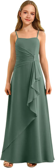 Augday Spaghetti Straps Chiffon Junior Bridesmaid Dress Ruffles A-Line Flower Girl Formal Gown UJR152