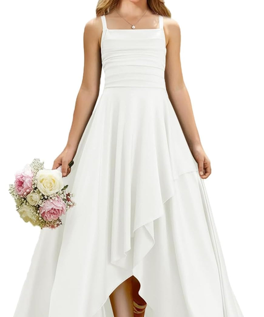 Augday Satin Junior Bridesmaid Dress with Adjustable Straps A-Line Flower Girl Formal Gown UJR150