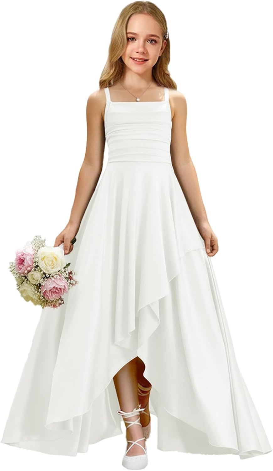 Augday Satin Junior Bridesmaid Dress with Adjustable Straps A-Line Flower Girl Formal Gown UJR150