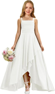 Augday Satin Junior Bridesmaid Dress with Adjustable Straps A-Line Flower Girl Formal Gown UJR150